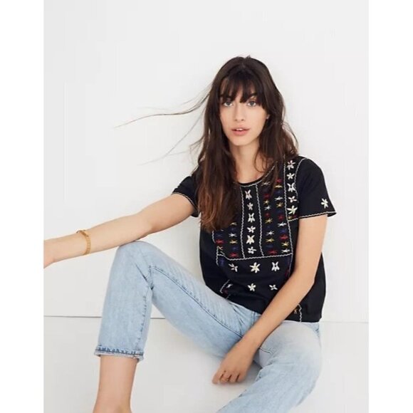 Madewell Tops - Madewell Black Embroidered Tie Back Cut Out Short Sleeve Blouse XS